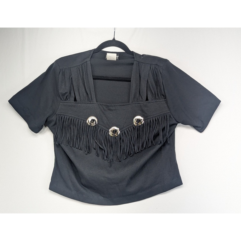 Impact Vintage Western Fringe Top Black Silver Star Conchos Short Sleeve Large
